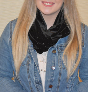 Infinity Scarf - Black velvet small silver metal dots - Ebony